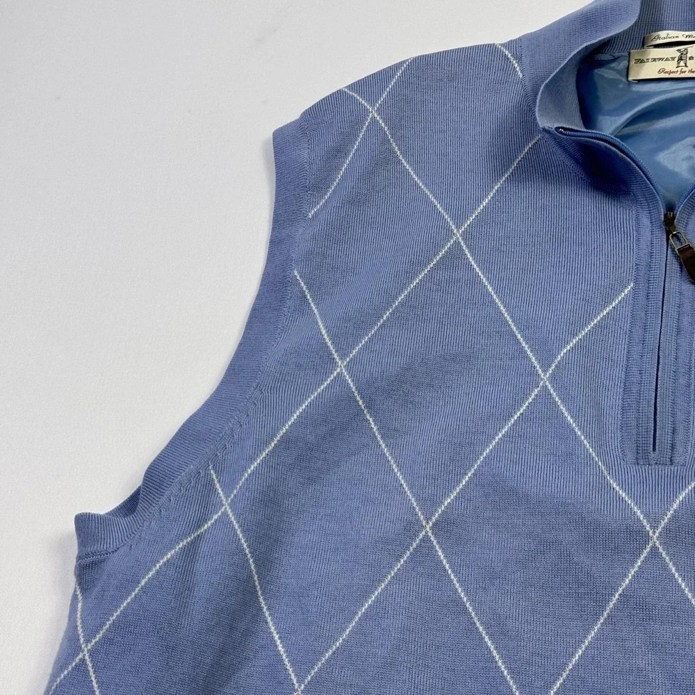 Fairway & Greene Sweater Vest Mens Extra Large Blue Argyle Quarter Zip Golf‎